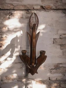 Vtg Handcarved Wood Double Candle Wall Sconce The Walnut Bowl Lebanon Mo MCM SEE - Picture 1 of 9