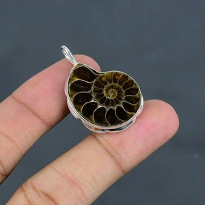 Colgante de piedras preciosas fósiles de amonita marrón natural joyería de plata de ley 925 - Imagen 1 de 5