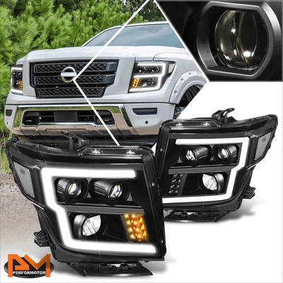 For 16-24 Nissan Titan XD LED DRL+Turn Signal Projector Headlights Black/Clear - Image 1 of 4