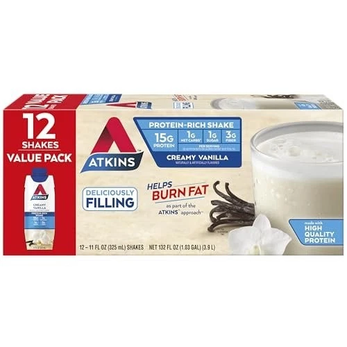 Batido de proteína de vainilla cremosa Atkins, 15 g de proteína, bajo índice glucémico, 2 g de carbohidratos netos,... Foto 1 de 4