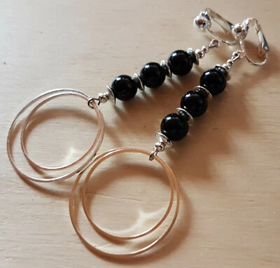 OHRCLIPS  CLIPS VERSILBERT SCHWARZE PERLEN LANG - Bild 1 von 2