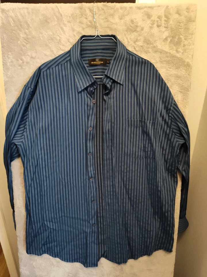Bugatchi Uomo Classic Fit Men Size L Striped Rayon Long Sleeve Casual Shirt Blue - Image 1 of 4