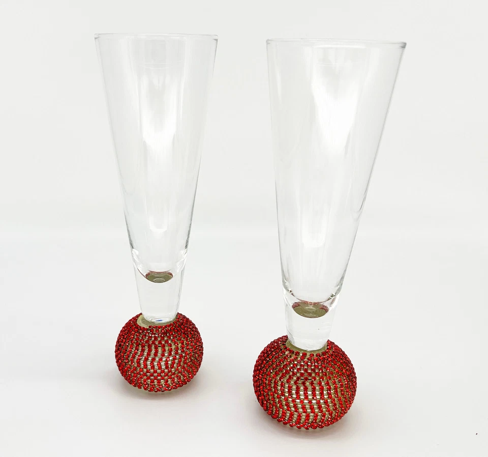 2 elegantes copas de flauta de champán rojo brillante estrás bola base par sin tallo Foto 1 de 4