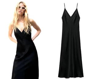 ZARA LONG BLACK SATIN DRESS SLEEVELESS CAMISOLE DRESS SIZE M NEW - Picture 1 of 14