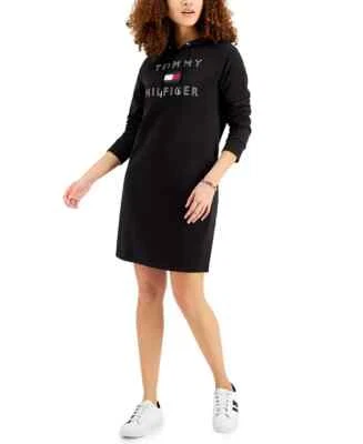 Tommy Hilfiger Women's Black Logo Long Sleeve Sweatshirt Hoodie Dress SZ M B22 - Image 1 of 4