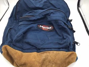 Vintage EASTPAK USA Backpack Navy Blue LEATHER BOTTOM DAYPACK Waterproof Nylon - Picture 1 of 3