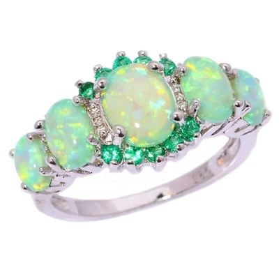 925 Silver Green Fire Opal Ring For Women Jewelry Gift Wedding Engagement Rings - Image 1 of 3