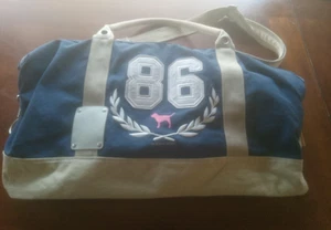 Victoria's Secret Pink Jumbo Blue Beige XL 26”x14” Canvas Duffle Crossbody Bag - Picture 1 of 9