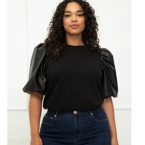 Eloquii Top Blouse Puff Sleeve Faux Leather Black 18/20 - Picture 1 of 5