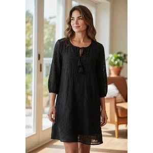 Lucky Brand Damen Kleid klein schwarz bestickt Quaste Bindeband Ausschnitt 3/4 Arm - Bild 1 von 4