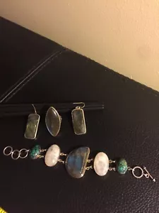 Huge Natural Labradorite 925 Sterling Silver Dangle Earrings, Ring & Bracelet - Picture 1 of 5