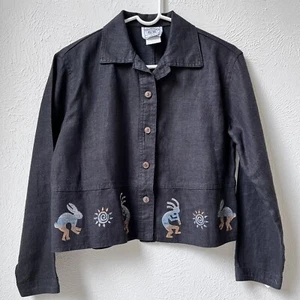 Vintage 100 % Leinen Jacke Southwestern schwarz Damen Gr. S zierliche kastige Passform hergestellt in den USA - Bild 1 von 5