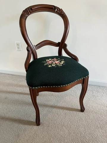 Antique Victorian Balloon Back Carved Walnut Chair with Needlepoint Seat Cover