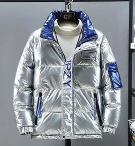 Mens Bright Black Silver Band Collar Cotton Down Puffer Jacket Coat Zipper Parka - Picture 1 of 11