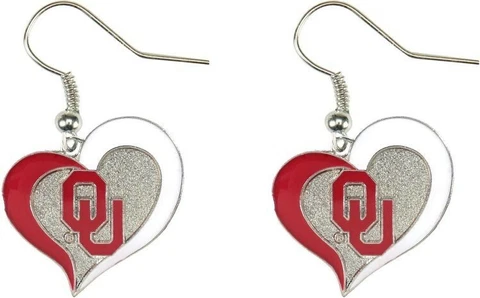 Oklahoma Sooners OU Football NCAA Heart Swirl Charm Silver Dangle Earrings Set Cover