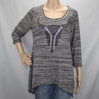 Camisa Pullover Vainilla Gris Azúcar Rayas Damas Grande Jeweled Steer Head  Foto 1 de 4