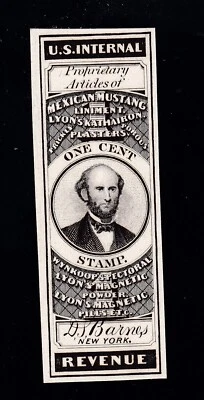 US RS18P4 1c D.S. Barnes Match and Medicine Revenue Proof on Card SCV $125 (001) - Image 1 of 2