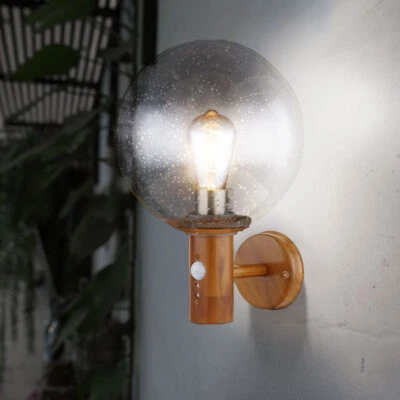 Wandlampe Außenleuchte Fassadenleuchte Glas klar Kugel Bewegungsmelder Holzoptik - Bild 1 von 4