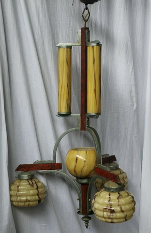 French rare  art deco wood metal glass Chandelier lamp Cover