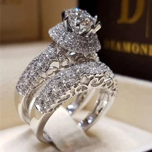 2pc 14K WHITE GOLD Plated Engagement Wedding Ring With Band For  Women US SIZE 6 - Picture 1 of 2