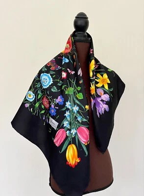 New Gucci Scarf Classic Floral GG Logo Print Black Multicolor Silk Wrap - Image 1 of 4