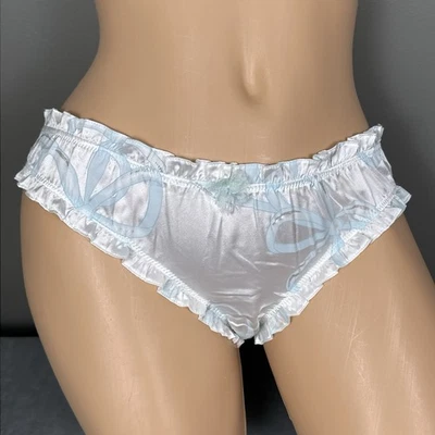 Victoria’s Secret 缎面透明网眼荷叶边内裤中号 2011 年蓝色蝴蝶结 — 第 1/4 张图片