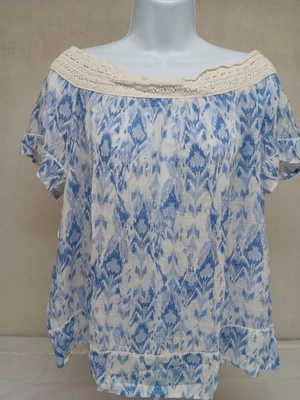 Blusa Top Mujer Westbound Azul Blanco Geométrico Petit XL Fuera del Hombro Foto 1 de 4