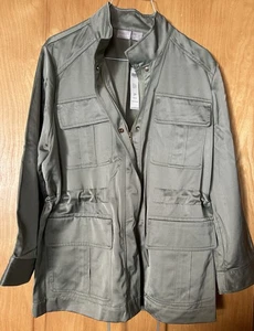 Chicos Women’s Sz 2 Satin Utility Explorer Jacket Lightweight Sage Zip Snap - Picture 1 of 9