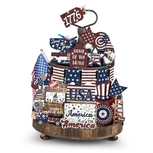 25 Pcs 4th of July Tiered Tray Decorations Set Wood Patriotic Tiered Tray - Picture 1 of 7