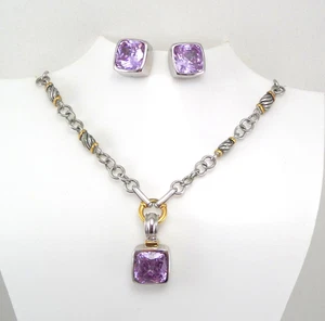 VTG 2 Tone Necklace and Earring Set With Large Amethyst Square - Picture 1 of 8