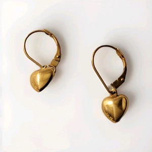 ZZ 14k Yellow Gold Puffy Heart Lever Bk Dangle Drop Earrings Cute Girl Gift - Picture 1 of 10