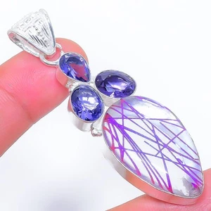 Pendente In Argento Sterling 925 Con Quarzo Rutile Viola E Tanzanite 2,5" - Foto 1 di 5