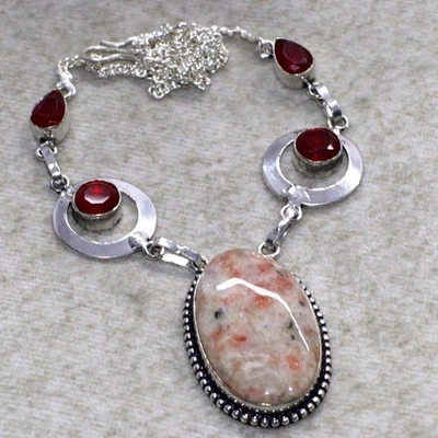 Collar de ónix rojo piedra solar chapado en plata 925 joyería hecha a mano tamaño 16" MJ Foto 1 de 3