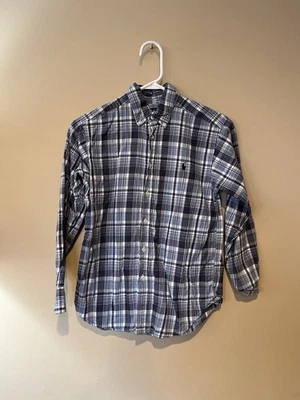 Camisa Ralph Lauren com botões média juvenil 10-12 azul xadrez logotipo masculino M - Imagem 1 de 4