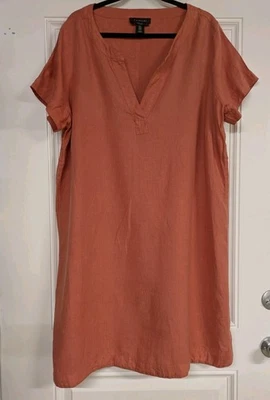 Tahari 100% Linen Midi Dress Short Sleeve Womens 1X Coral V-Neck Shift Coastal  - Image 1 of 4