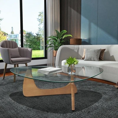 核桃野口风格玻璃三角咖啡桌带实木架 — 第 1/4 张图片