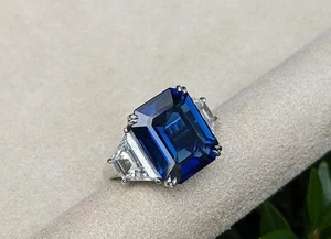 2.20 Ct Emerald Cut Blue Sapphire Proposal Ring 92.5 Silver Gold Plated  - Picture 1 of 7