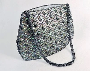 Small Purse/Hand Bag ~ Gray Beads & Green Sequins on Light Gray Fabric, #CHBP18 - Picture 1 of 7
