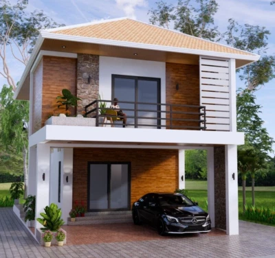 Plano de casa pequeña de 22,5x33 pies 6,9x10 metros 2 camas 3 baños techo de cadera (copia impresa A4) Foto 1 de 4