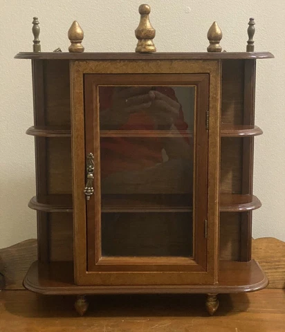 Vintage Wood Glass Door Table Top Wall Hanging Display Curio Cabinet 3 Shelf Cover