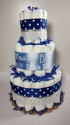 Centro de mesa Chevron It's a Boy Baby Shower Chevron azul rosa plata pastel pañales de 3 niveles Foto 1 de 4