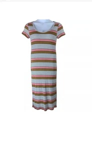 Loft Striped Scoop Neck Midi Shirt Dress Ribbed Knit Slit Side Short Sleeve sz.S - Picture 1 of 3