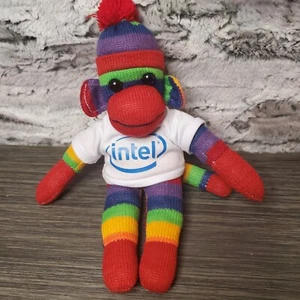 Intel Rainbow 10" Sock Monkey Advertising Plush Stuffed Animal Wearing T-Shirt - Picture 1 of 6