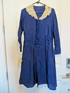 Victorian Antique Navy Blue Tattered Dress w/ Lace Collar - Picture 1 of 12