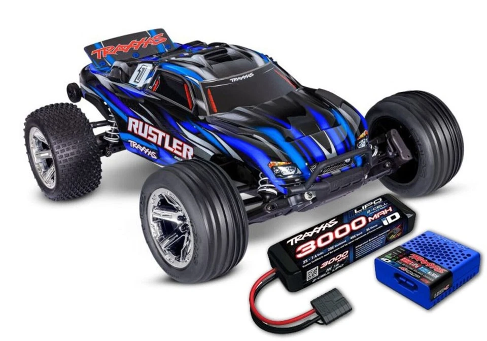 Traxxas TRX 37354 4Y blau Rustler 1:10 2WD RTR Stadium Truck NEU Akku + Lader - Bild 1 von 4