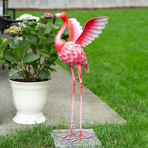 Pink Flamingo Iron Statue Open Wings Yard Garden Patio Spring Summer Decor 28" H - Picture 1 of 8