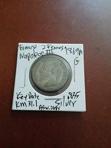 1869 A Paris Mint France Napolean III 2 Francs .835 Silver Key KM 31.1 - Picture 1 of 6