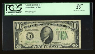 DBR 1934-B $10 New York Vinson Fr. 2007-B PCGS 25 Serial B89843590D - Image 1 of 2