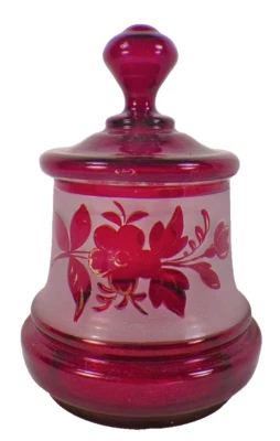 Bohemian Art Glass Jar Ruby Stained Flowers Gold Trim Antique Frosted Czech - Image 1 of 4