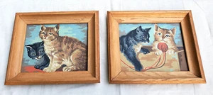 Vintage 1950s Paint By Numbers Painting Lot of 2 Playful Kittens 8X10 Framed - Picture 1 of 13